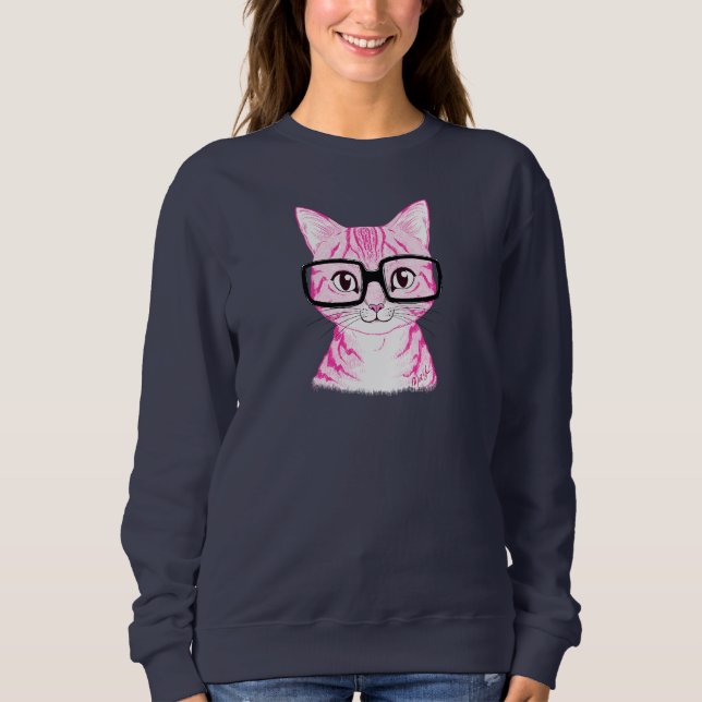 Unique Hand Drawn Nerdy Cat Art Women's Sweater (Front)