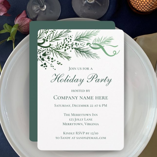Unique Hand Drawn Pine Corporate Holiday Party Invitation (Custom corporate holiday Christmas party invitation. Hand drawn elegant pine and berries.
)