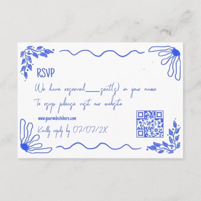 Unique Hand Drawn Quirky Doodle French Blue RSVP Enclosure Card (Front)