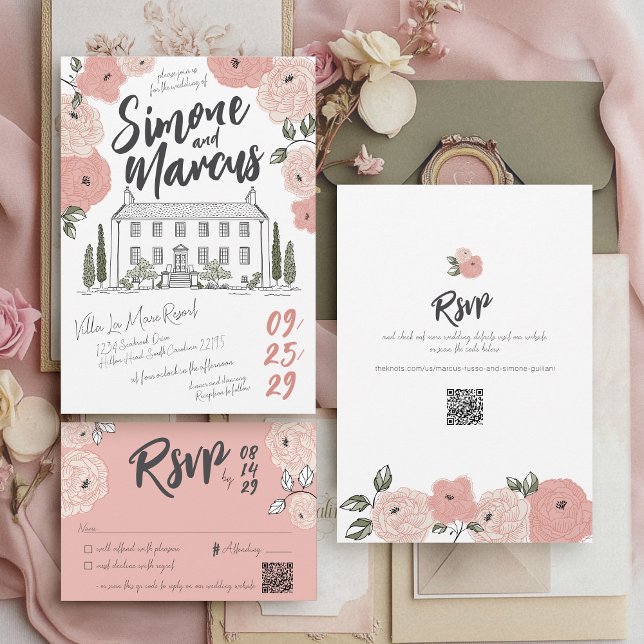 Unique Hand Drawn Villa Dusty Rose Floral Wedding Invitation (Whimsical pink sage green floral unique hand drawn handwritten illustrated villa wedding invitation)