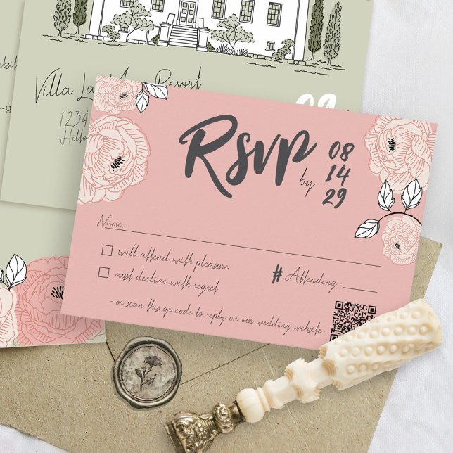 Unique Hand Drawn Villa Manor Pink Floral Wedding RSVP Card (Dusty rose pink hand drawn handwritten whimsical villa manor house QR code wedding invite RSVP card)