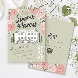 Unique Hand Drawn Villa Sage Green Floral Wedding Invitation