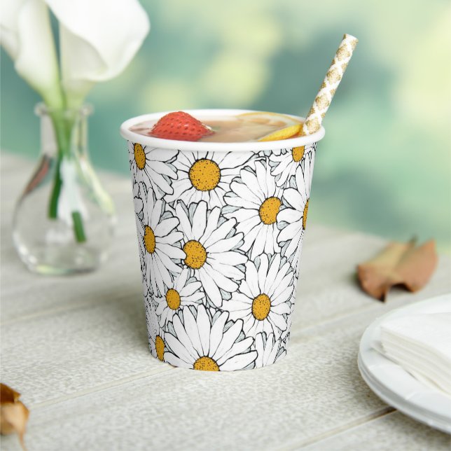 Unique Hip Summer Daisy Floral Pattern Watercolour Paper Cups (Insitu)