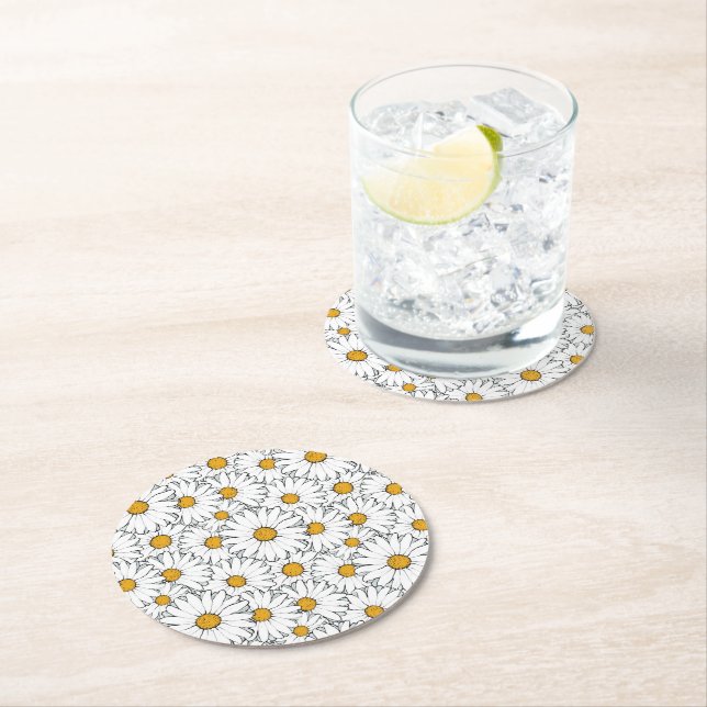 Unique Hip Summer Daisy Floral Pattern Watercolour Round Paper Coaster (Insitu)