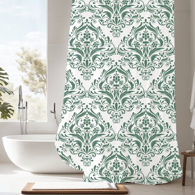 Unique Hunter Green & White Classic Damask Pattern Shower Curtain (Creator Uploaded)