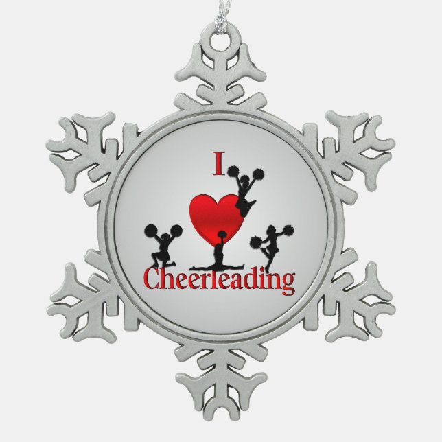 Unique I Heart Cheerleading Design Snowflake Pewter Christmas Ornament (Front)