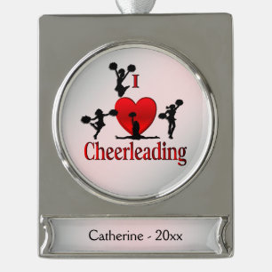 Unique I Heart Cheerleading   Silver Name and Year Plated Banner Ornament