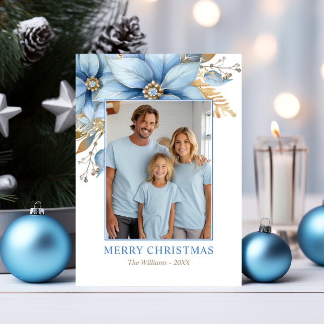 Unique Icy Blue Gold Poinsettia Christmas PHOTO Holiday Card (Unique Icy Blue Gold Poinsettia Christmas PHOTO Holiday Card)