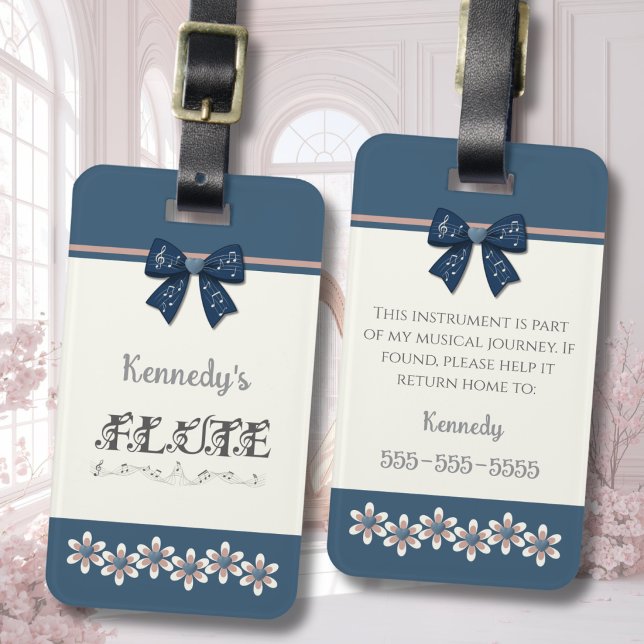 Unique Indigo Blue Bow Flute Instrument Case Tag (Unique indigo blue bow flute case tag with preppy floral design and contact info reverse side.)