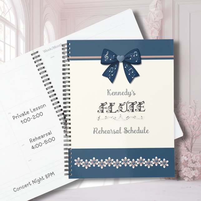 Unique Indigo Blue Bow Flute Sheet Music Planner (Unique indigo blue bow flute music planner with preppy floral design for school band students.)