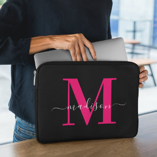 Unique Initial Name l Black & Bold Pink Typography Laptop Sleeve