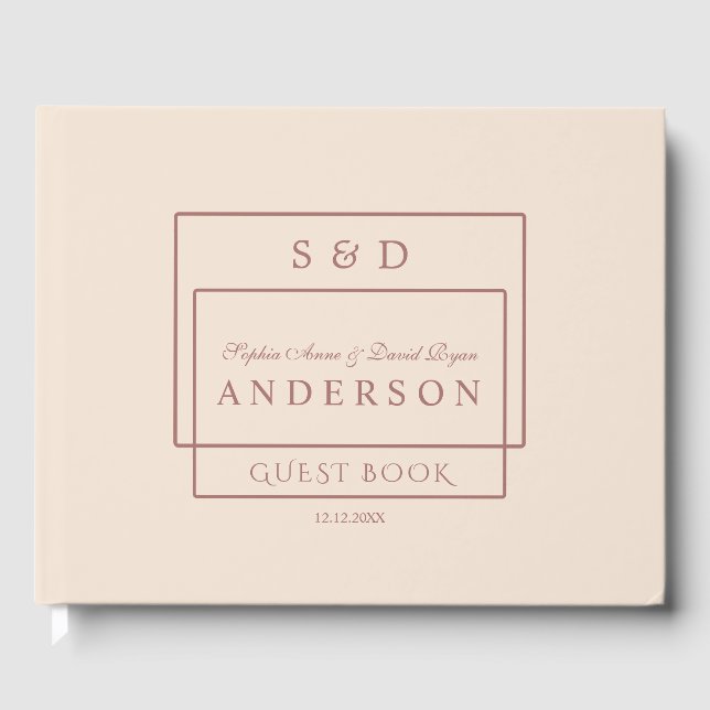 Unique Ivory Dark Peach Monogram Wedding Guest Book (Front)