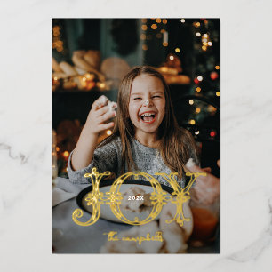 Unique Joy Calligraphy  Photo Christmas Foil Holiday Card