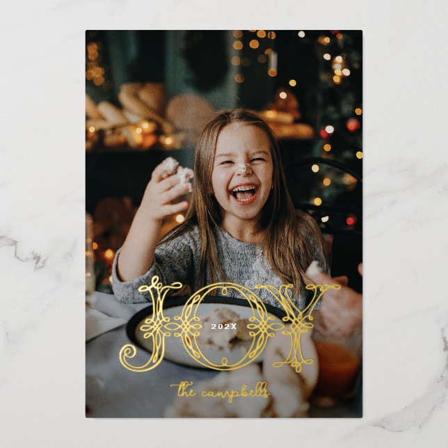 Unique Joy Calligraphy  Photo Christmas Foil Holiday Card (Front)