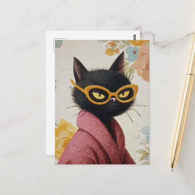 Unique Kitty Attitude in Bathrobe and Glasses Postcard (Front/Back In Situ)