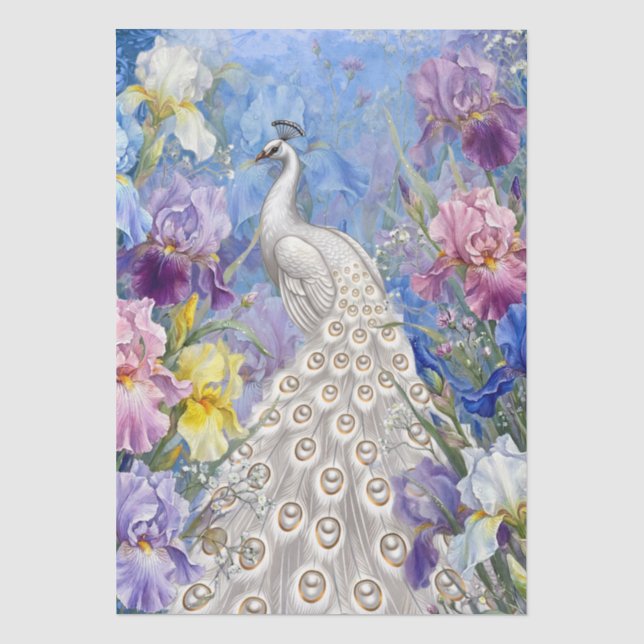 Unique Large Floral White Peacock Decoupage Tissue Paper (Front)
