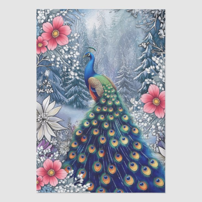 Unique Large Winter Floral Peacock Decoupage Tissue Paper (Front)