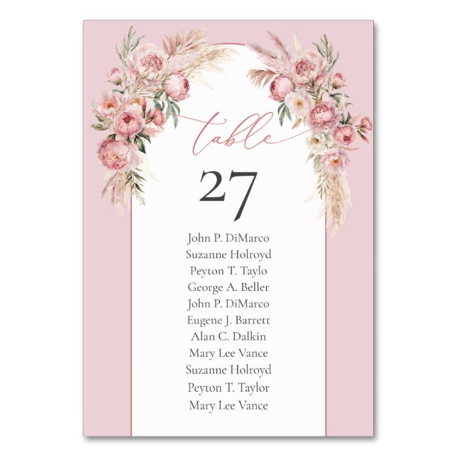 Unique lavish bouquet blush peonies pampas arch table number (Front)