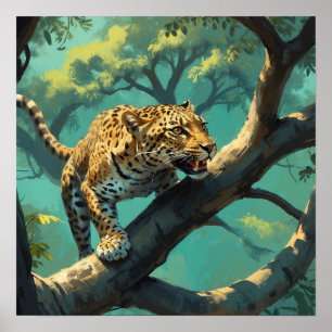 Unique Leopard on Tree Branch in the Wild Painting Poster