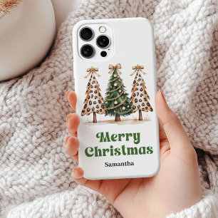 Unique leopard print Christmas trees custom name iPhone 15 Mini Case