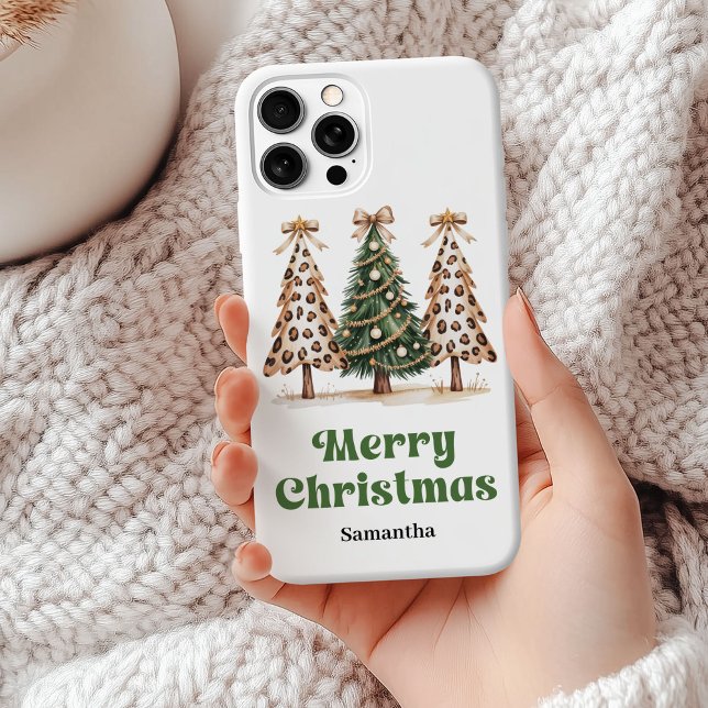 Unique leopard print Christmas trees custom name Case-Mate iPhone Case (Unique leopard Christmas trees custom name phone case gift)