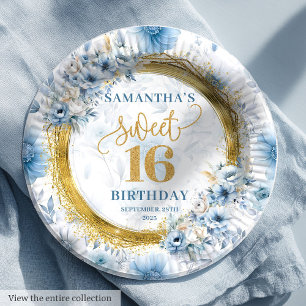 Unique Light Blue Sweet Sixteen Gold Glitter Plate