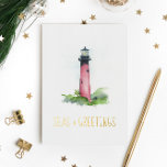 Unique Lighthouse Christmas Cards<br><div class="desc">Do Tell A Belle's unique lighthouse Christmas cards are a charming choice to send to friends and family this season. They features a watercolor Jupiter, Florida lighthouse in shades of red. The word's "SEAS & GREETINGS" are set in embossed letter pressed gold foil. A coastal chic yet sophisticated choice for...</div>