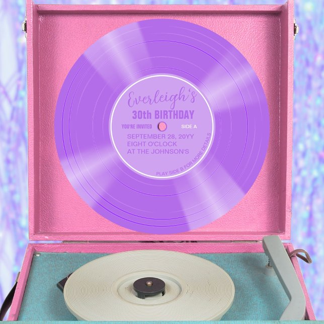 Unique Lilac Purple Vinyl Record Birthday Invitation (Lilac purple color vinyl record pop birthday invitation with lilac purple label)