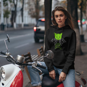 Unique Lime White Kitty Head On Black Hoodie