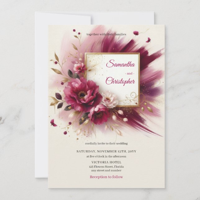 Unique magenta flowers and gold frame wedding invitation (Front)