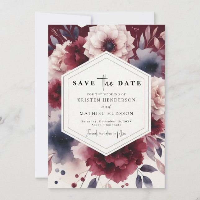 Unique Minimal Burgundy Wedding Save The Date (Front)