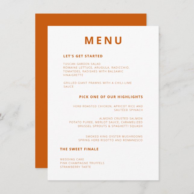 Unique Minimal Typography Burnt Orange Wedding Menu (Front/Back)