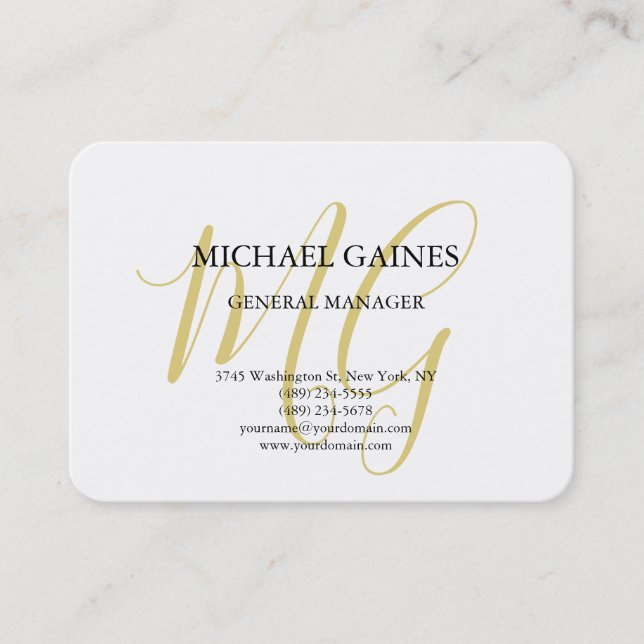 Unique Minimalist Plain Gold Colour Monogram White Business Card (Front)