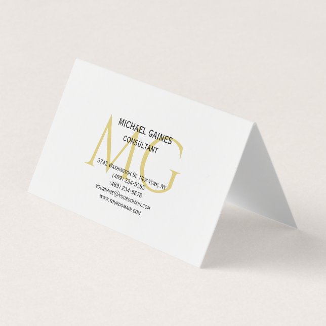 Unique Minimalist Plain Gold Colour Monogram White Business Card (Front)
