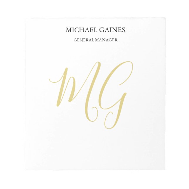 Unique Minimalist Plain Gold Colour Monogram White Notepad (Front)