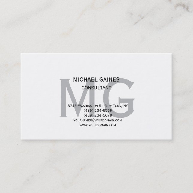 Unique Minimalist Plain Grey Monogram Black White  Business Card (Front)
