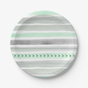 Unique Mint Grey Watercolor Stripes and Arrows Paper Plate