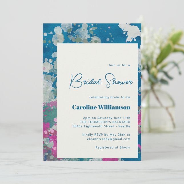 Unique Modern Abstract Paint Blue Bridal Shower Invitation (Standing Front)