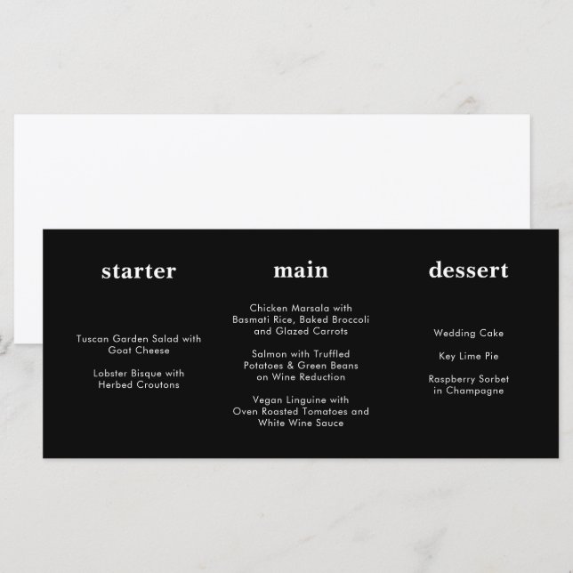 Unique Modern All Black Horizontal Wedding Menu (Front/Back)