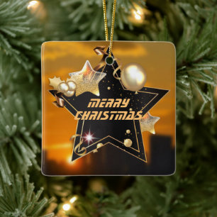 Unique Modern Black Gold Metallic Stars Christmas Ceramic Ornament