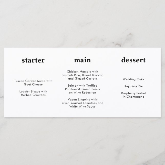 Unique Modern Black White Horizontal Wedding Menu (Front)