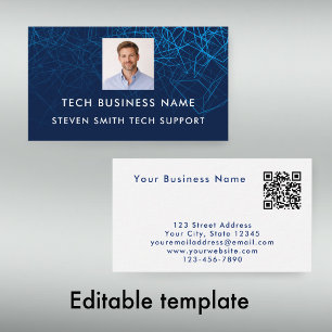 Unique Modern Blue Photo QR Code Tech Professional Business Card