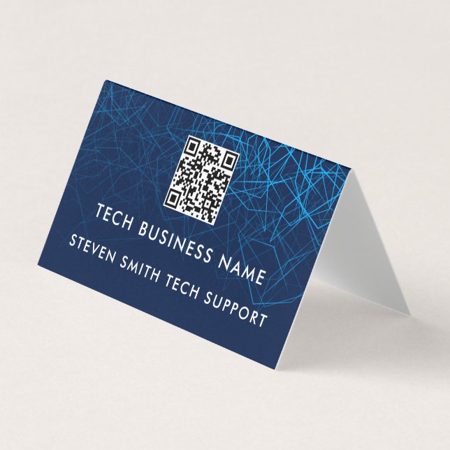 Unique Modern Blue QR Code Custom Tech Business Card (Front)