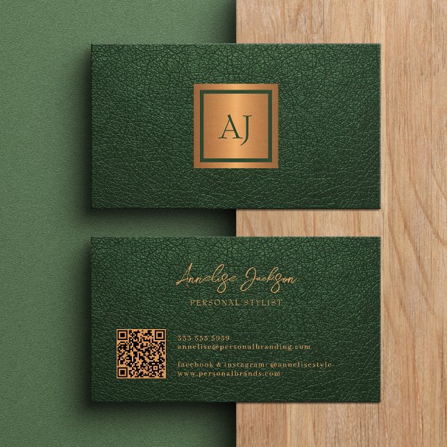 Unique modern bold monogram QR code gold green Business Card (Creator Uploaded)