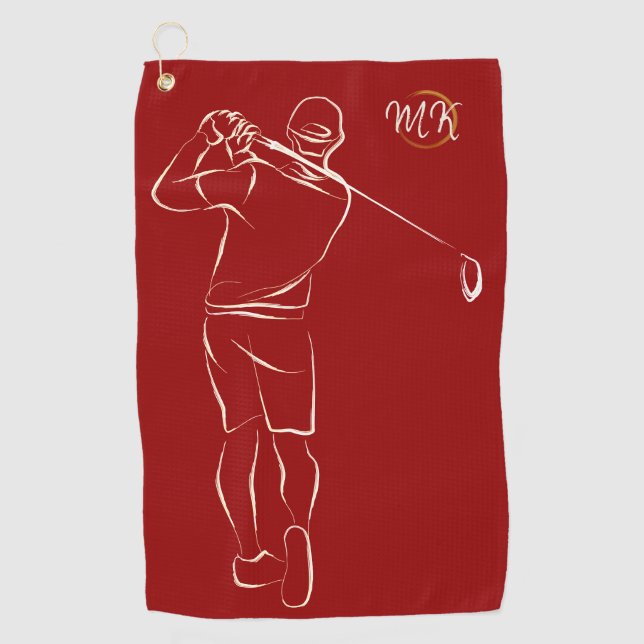Unique Modern Cool Mens Design Red Custom Monogram Golf Towel (Front)