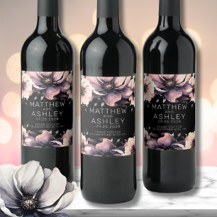 Unique Modern Elegant Floral Pink Black Wedding Wine Label