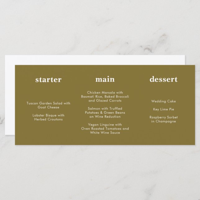 Unique Modern Golden Olive Horizontal Wedding Menu (Front/Back)