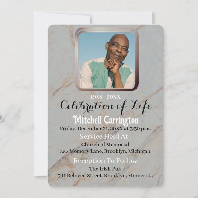 Unique Modern Grey Marble Male Memorial  Photo Invitation (Front)