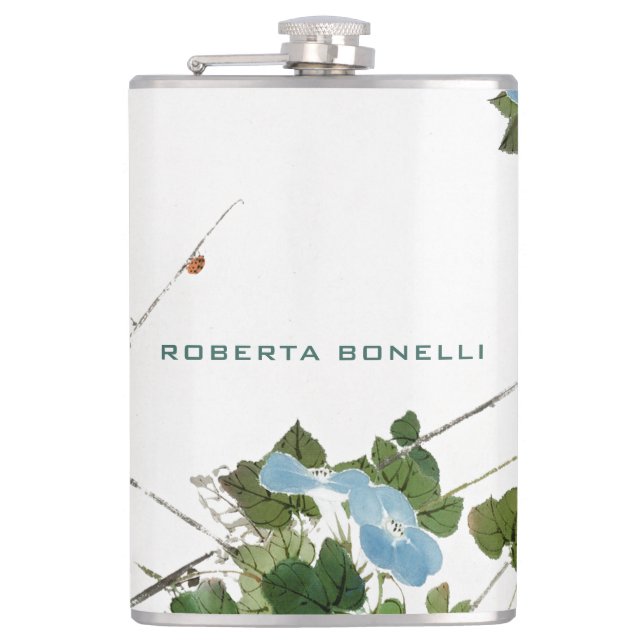 Unique Modern Minimalist Floral Add Name Hip Flask (Front)