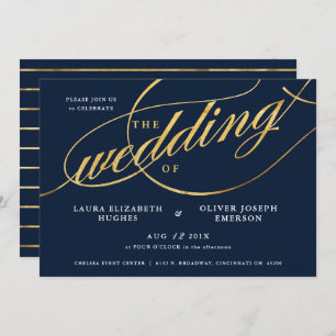 Unique Modern Navy & Gold Script Wedding Invitation